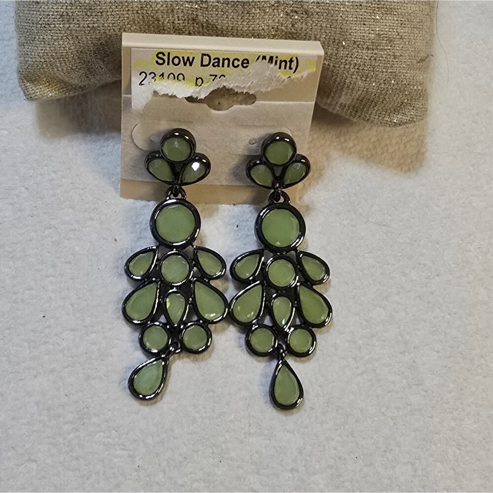 Lia Sophia Slow Dance Mint Green Glass Faucet Beads Hematite Chandelier Earrings